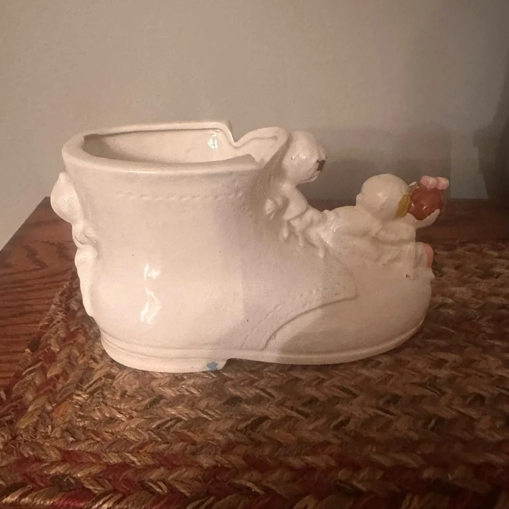 Vintage White Ceramic Baby Shoe with Pink and Blue Accents - Vintage